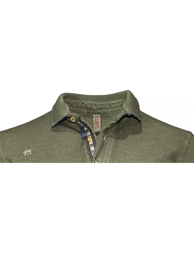 BOB polo manga corta verde militar con bordados airbrush dyed