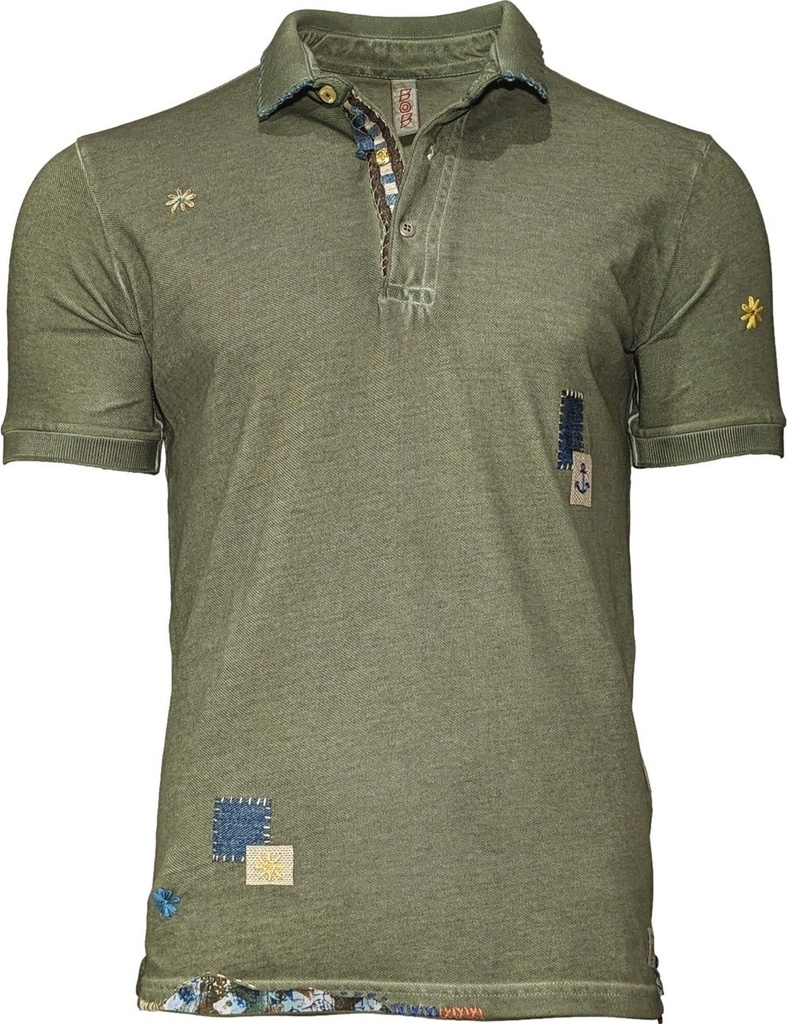 BOB polo manga corta verde militar con bordados airbrush dyed
