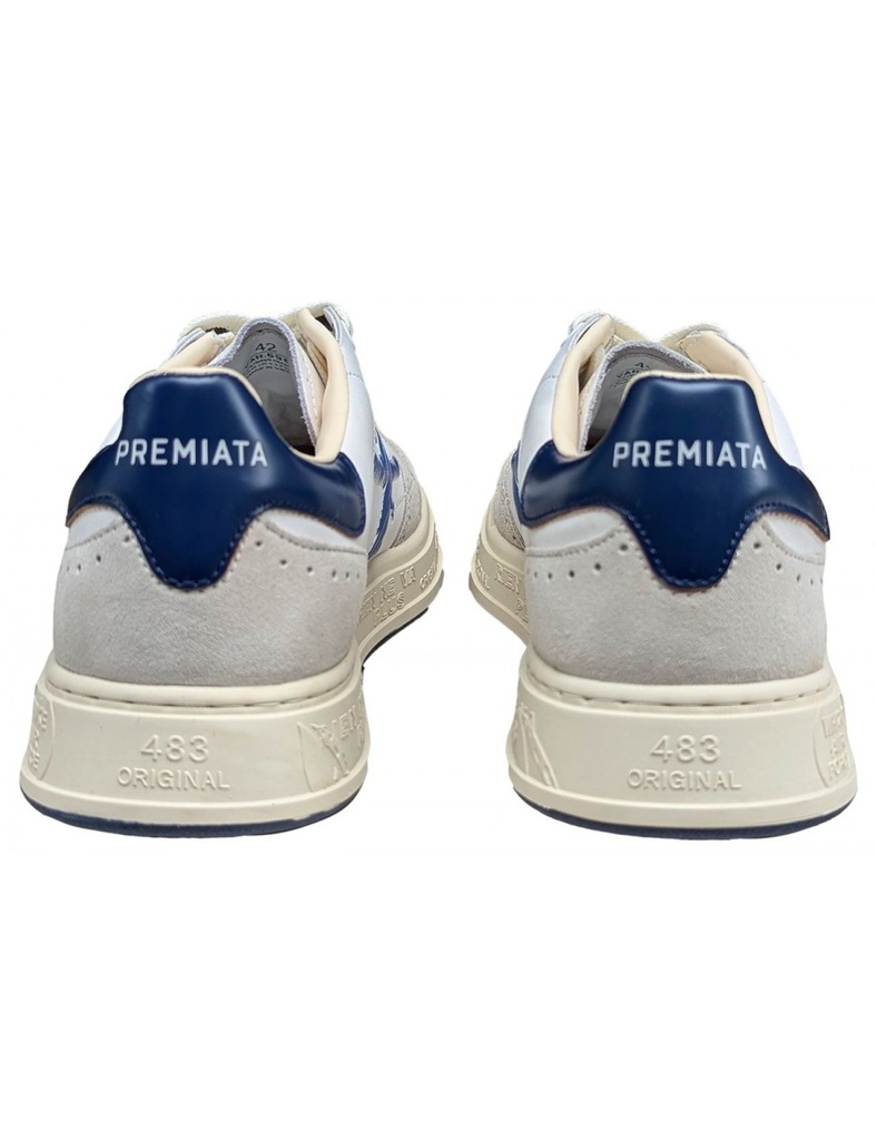 Premiata sneaker QUIIN blanco en piel y ante contraste color azul
