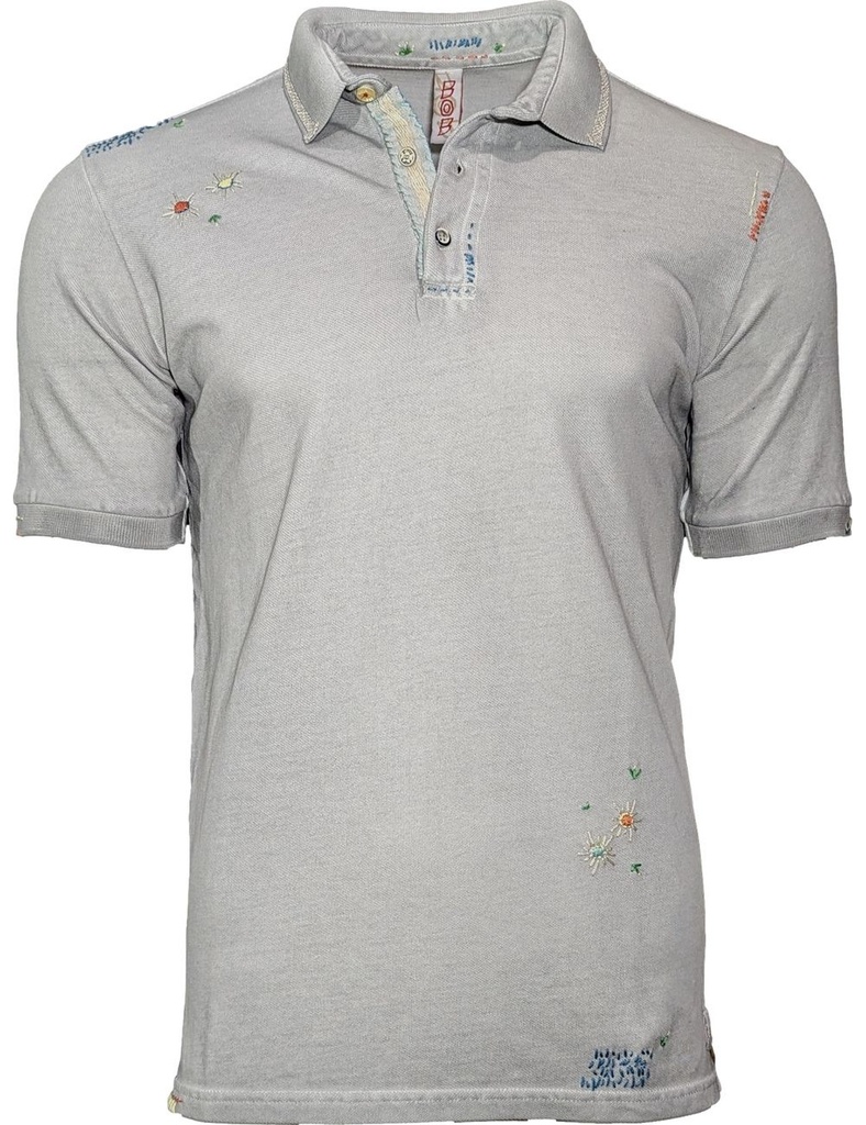 BOB polo manga corta gris con bordados airbrush dyed