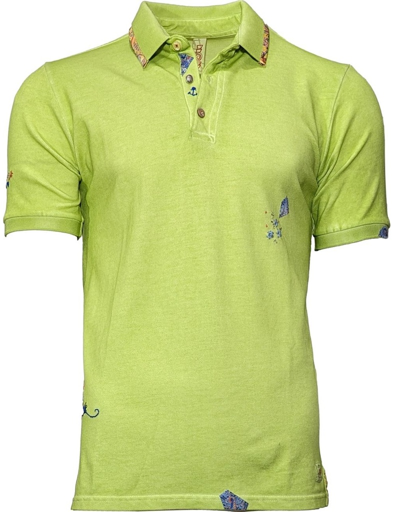 BoB polo manga corta verde matcha con bordados airbrush dyed
